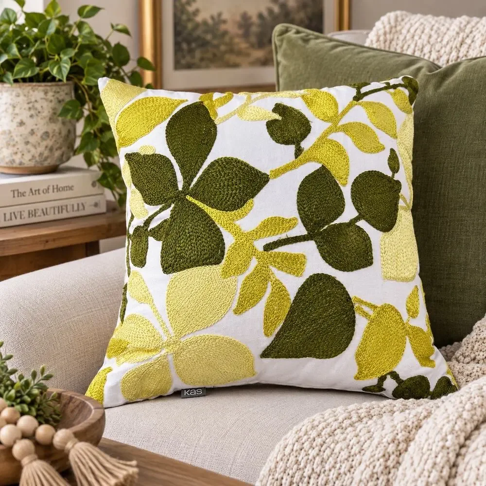KAS Embroidered Botanical Leaf Throw Pillow Green Yellow White Accent Cushion